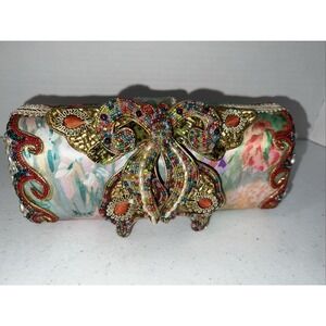 MARY FRANCES Butterfly Satin Silk Beaded Vintage Clutch With Strap